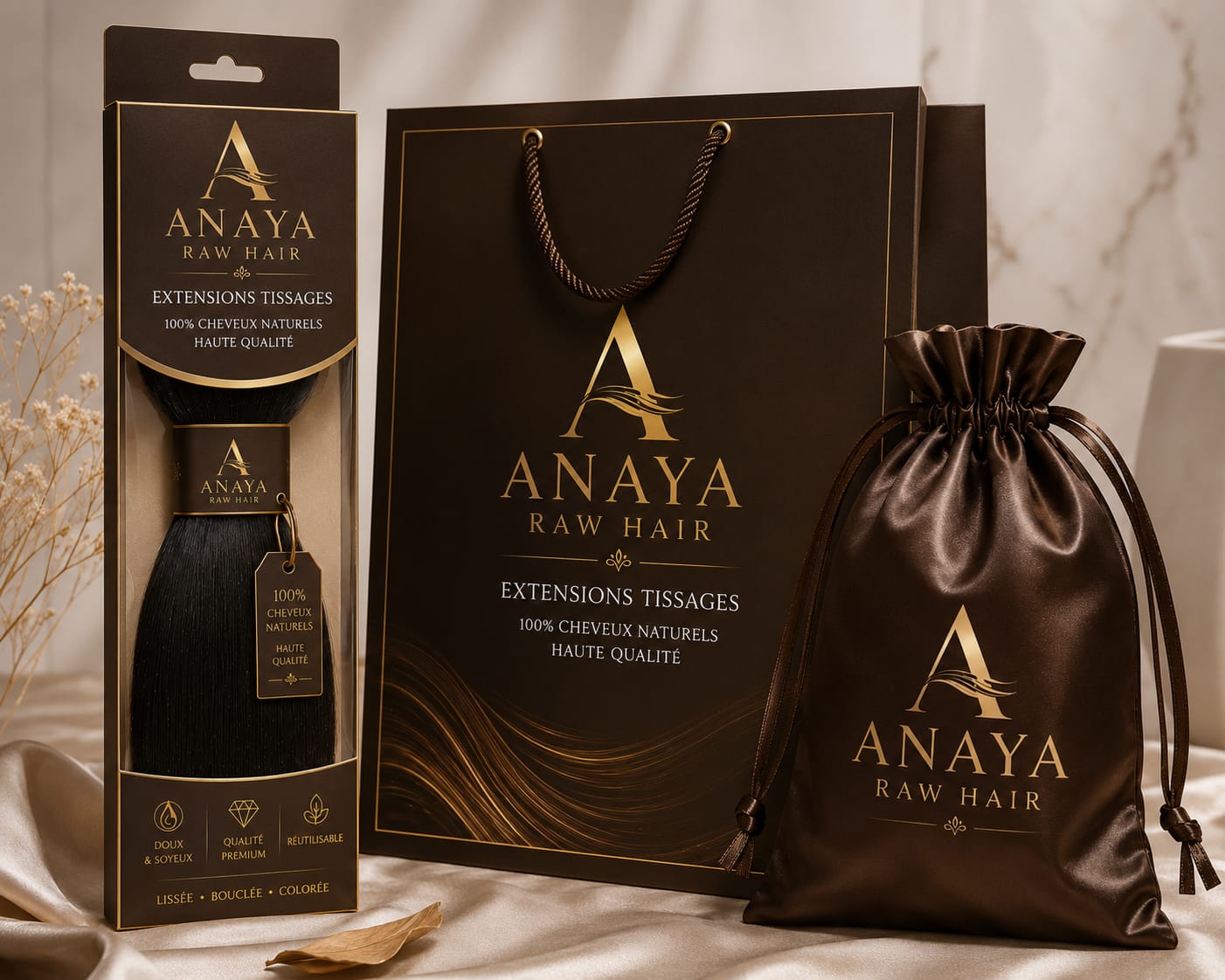 Packaging pochette satin Anaya Raw Hair