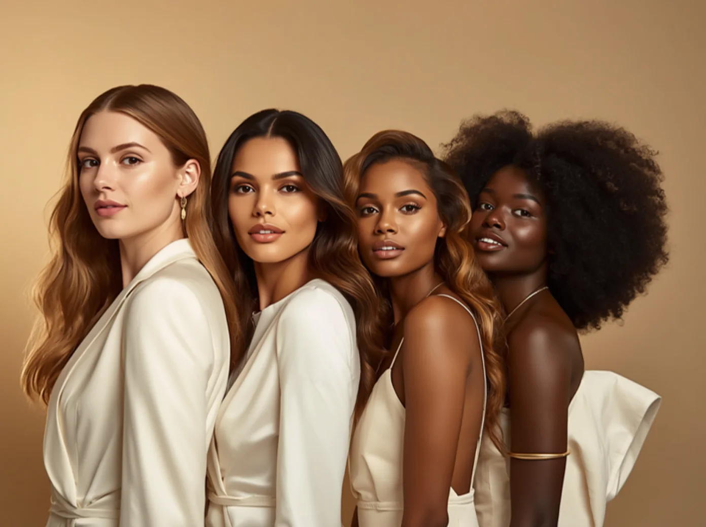Quatre femmes aux cheveux naturels – française, latine, métisse et africaine – extensions et tissages Anaya chez Agathe Beauty Hair