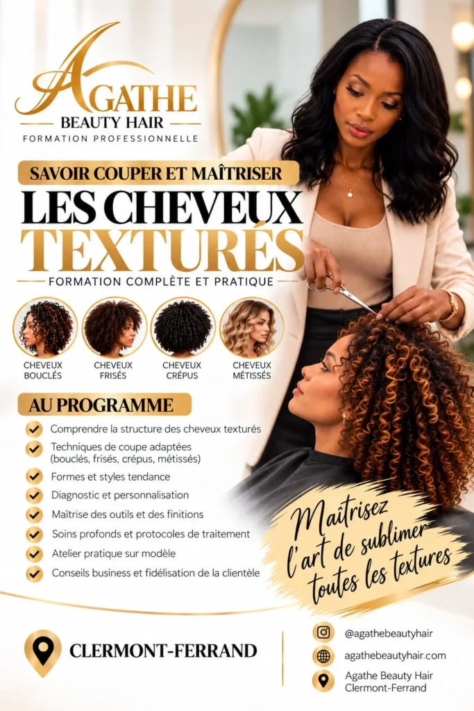 Affiche de la formation professionnelle Agathe Beauty Hair à Clermont-Ferrand : savoir couper et maîtriser les cheveux texturés (bouclés, frisés, crépus, métissés) — programme complet et atelier pratique sur modèle