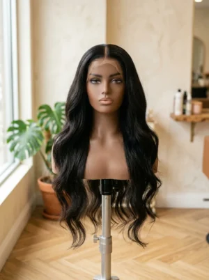 Perruque U-Part body wave en cheveux humains noirs sur tête de présentation – Agathe Beauty Hair